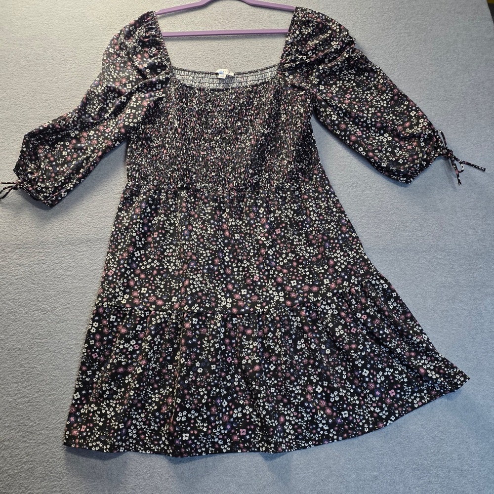 Topshop Floral Smocked Mini Dress Womens 14 Black Puff Sleeve Cottagecore Boho
